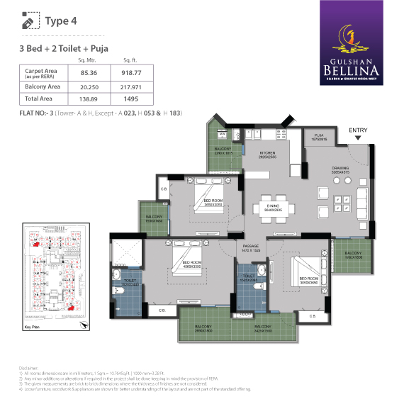 GULSHAN BELLINA 3 BHK Flats Floor Plan
